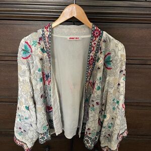 Johnny Was Floral Embroidered Cardigan - Cream and Red